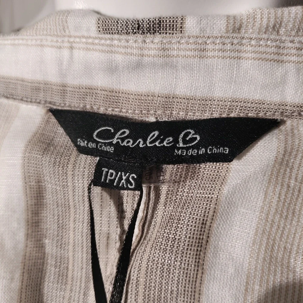 Charlie B Blazer Sz XS Striped Open Front Roll Tab Shirt Blazer‎ Linen Blend NWT